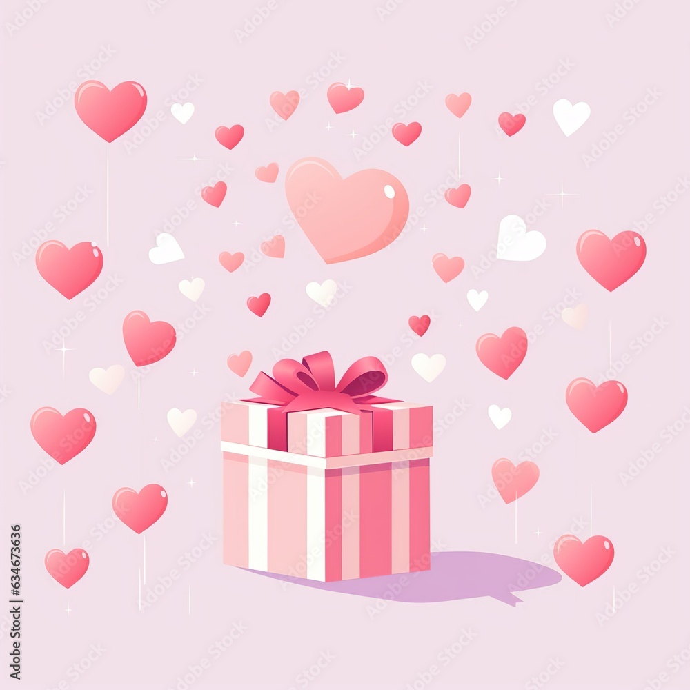Gift box and flying valentines hearts symbols love in shape heart for Happy Womens, Valentines and Mothers day, birthday greeting card design Generative AI
