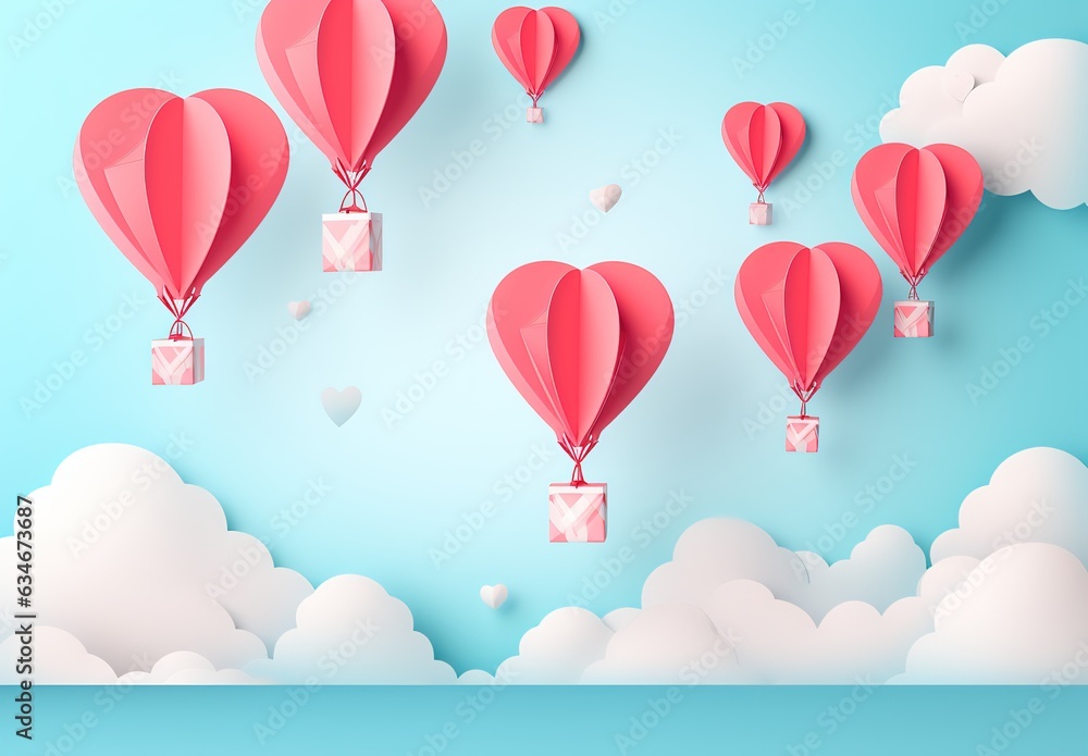 Flying papercut hot air balloons hearts with gift boxes in blue sky with clouds design kid banner, baby shower card, Mothers day, Valentines Day, social media website, sale flyer Generative AI