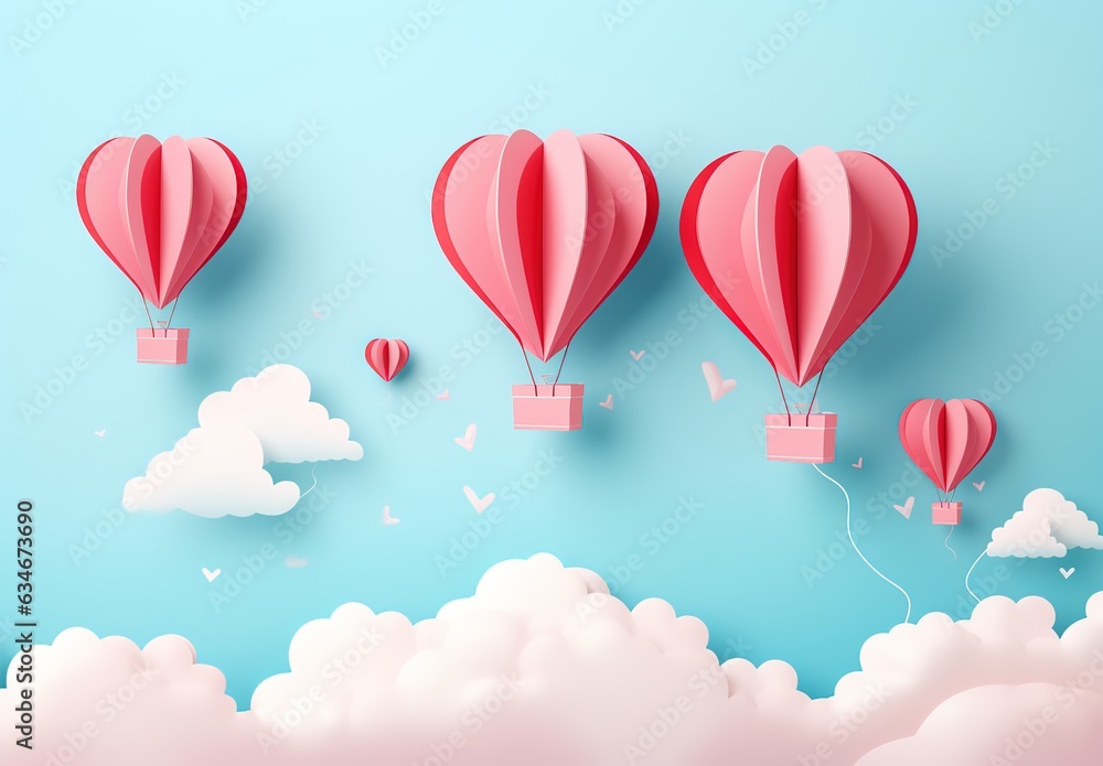Papercut hot air balloons hearts with gift boxes in blue sky with clouds design kid banner, baby shower card, Mothers day, Valentines Day, social media website, sale flyer Generative AI