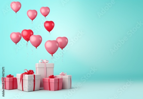 Gift boxes with ribbons and balloons valentines red, pink colors illustration for Womens, Mothers, Valentines Day and Birthday greeting card, banner, flyers, invitation design Generative AI © Iaroslav Lazunov