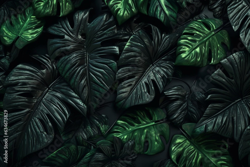 black jungle palm leaf green nature tree background colourful tropical forest. Generative AI.