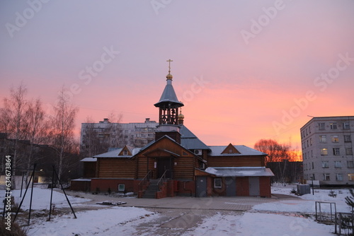 church in winter at dawn