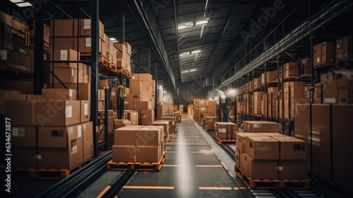 Cardboard boxes on a conveyor belt inside a logistics warehouse  concept of logistics and ecommerce. Generative AI
