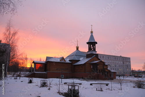 church in winter at dawn