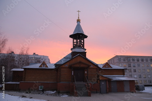 church in winter at dawn