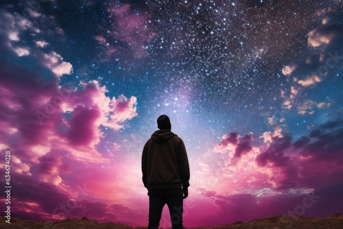 Man looking at the sky with nebulae and constellations, sky with pink and purple hue. generative AI