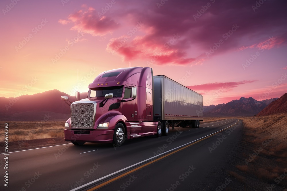 Landscape with pink delivery truck on the road, concept of logistics and transportation. generative AI
