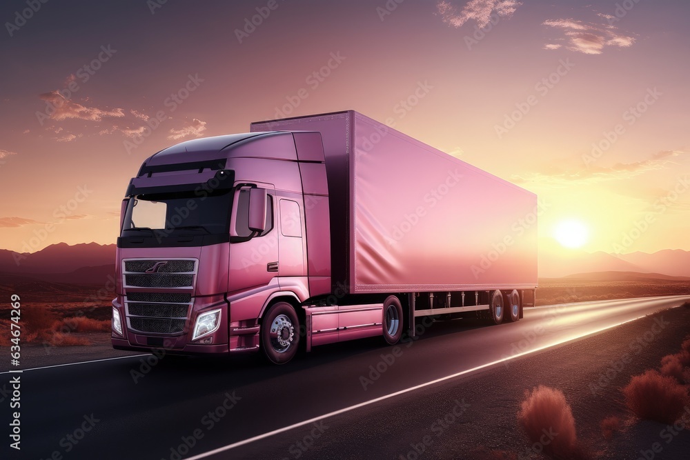 Landscape with pink delivery truck on the road, concept of logistics and transportation. generative AI Landscape with pink delivery truck on the road, concept of logistics and transportation. generative AI