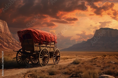 Wild west landscape with old wagon, canyons in the background. Generative AI