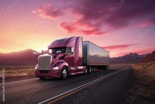 Landscape with pink delivery truck on the road, concept of logistics and transportation. generative AI