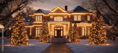 House facade decorated with Christmas decoration and lights, holiday and culture concept. Generative AI