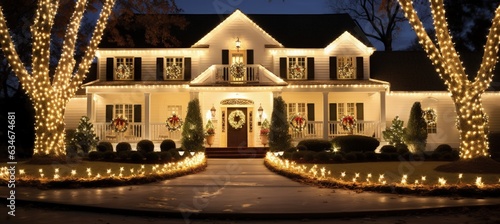 House facade decorated with Christmas decoration and lights, holiday and culture concept. Generative AI