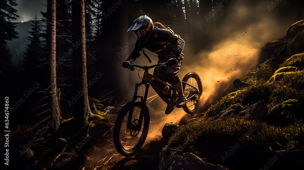 Naklejka premium A cyclist on a mountain bike. Extreme bike ride