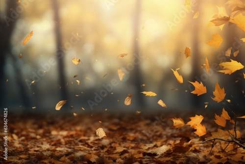 Landscape with falling autumn leaves  bokeh background with forest. Generative AI