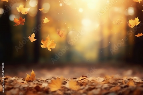 Landscape with falling autumn leaves, bokeh background with forest. Generative AI