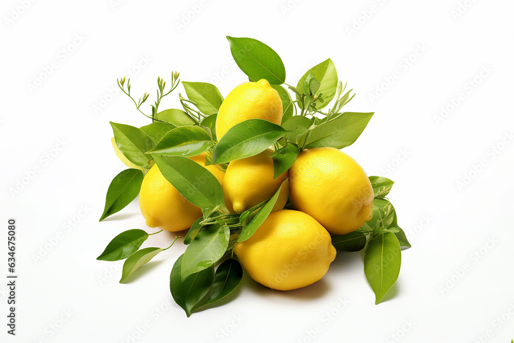Composition with ripe lemons on white background, made by ai