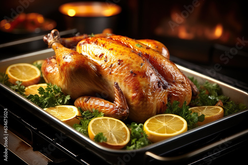 Savoring Thanksgiving Delight Roasted Grilled Chicken Turkey with Zesty Lemons and Fresh Salad, Perfect for Sharing with Family and Friends. created with Generative AI
