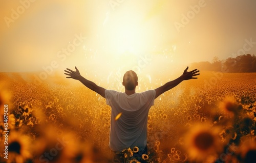 Man with arms raised amidst sunflower plantation, sunset in the background. Generative AI