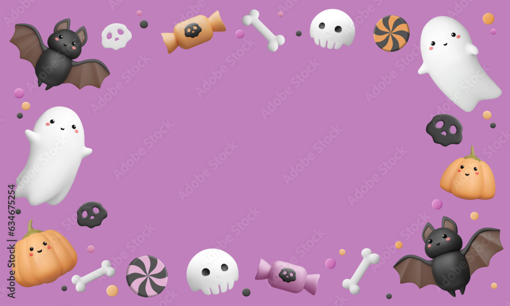 Obraz premium 3d Halloween elements frame. Banner template with copy space. Cute bat, ghost with smile, pumpkin with kawaii face, bone, skull, candy and dots on violet background. Vector holiday illustration.