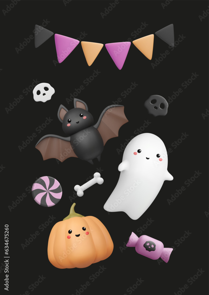 Halloween 3d plastic elements. Cute ghost, round bat, pumpkin with kawaii face. Candy, skull and bunting elements. Vector realistic illustration. Funny characters. Party poster, sticker set. Halloween 3d plastic elements. Cute ghost, round bat, pumpkin with kawaii face. Candy, skull and bunting elements. Vector realistic illustration. Funny characters. Party poster, sticker set.