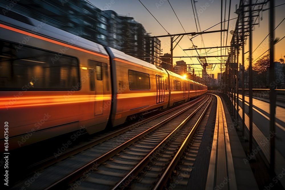Fototapeta premium A City's Morning Motion with Dynamic Light Trails at the Railway Station. created with Generative AI