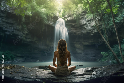 In the background is a waterfall flowing in a green natural forest and a landscape illuminated by the sun's rays, where a young woman is meditating to embody psychological safety through peace of mind