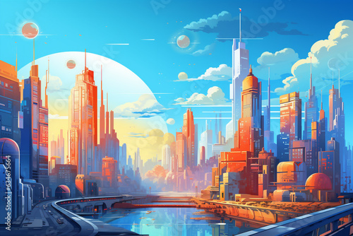 Design a graphic of a futuristic cityscape with tower. Generative AI