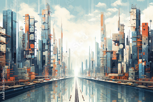 Design a graphic of a futuristic cityscape with tower. Generative AI © xartproduction