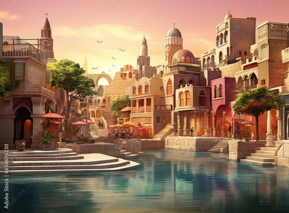 Arabian architectural water city with fountains, palaces, and minarets