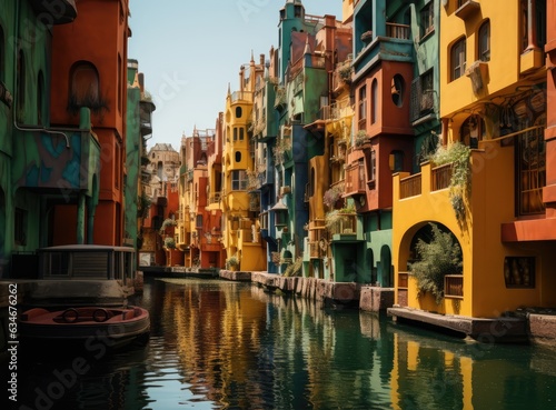 Colorful row houses on a canal, Venice-style architecture