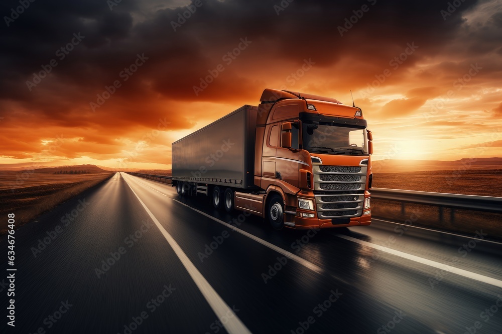 Landscape with delivery truck on the road, concept of logistics and transportation. Generative AI