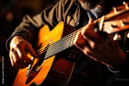 Closeup of Guitarist Guy Fingerstyle Playing on Classic Acoustic Guitar. created with Generative AI