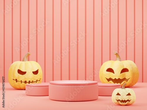 The 3d Halloween Illustration has a Jack o lantern, three pink podiums for showcasing products on a pink background, and a concept Halloween festival. 3D render.