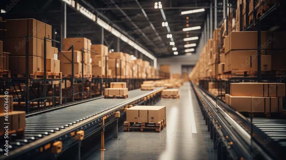 Cardboard boxes on a conveyor belt inside a logistics warehouse, concept of logistics and ecommerce. Generative AI Cardboard boxes on a conveyor belt inside a logistics warehouse, concept of logistics and ecommerce. Generative AI