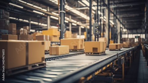 Cardboard boxes on a conveyor belt inside a logistics warehouse, concept of logistics and ecommerce. Generative AI