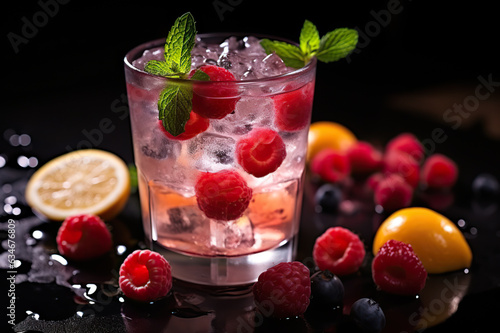 Closeup Photo of Fresh Cold Alcoholic Fruit Cocktail with Ice  Lemon  Berries  and Mint on a Black Bar Counter.. created with Generative AI
