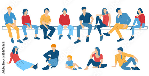 Fotografie, Tablou Men, women, teenagers and child sitting on a bench, different colors, cartoon ch