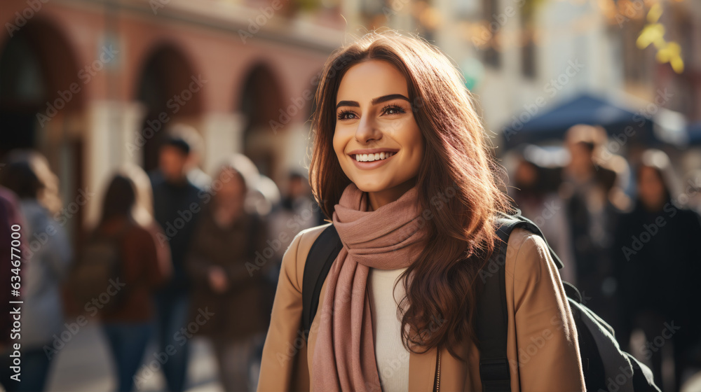 Cheerful Jew Female Student With Smartphone Standing Outdoors. Education concept.