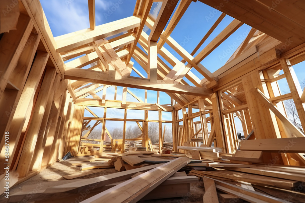 assembly of the wooden frames beams and trusses. Generative AI assembly of the wooden frames beams and trusses. Generative AI