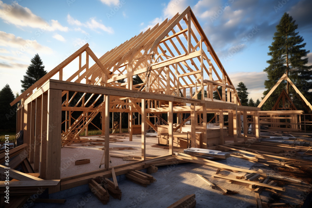 assembly of the wooden frames beams and trusses. Generative AI assembly of the wooden frames beams and trusses. Generative AI