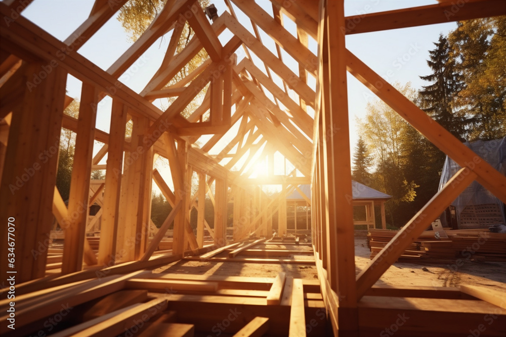Obraz premium assembly of the wooden frames beams and trusses. Generative AI