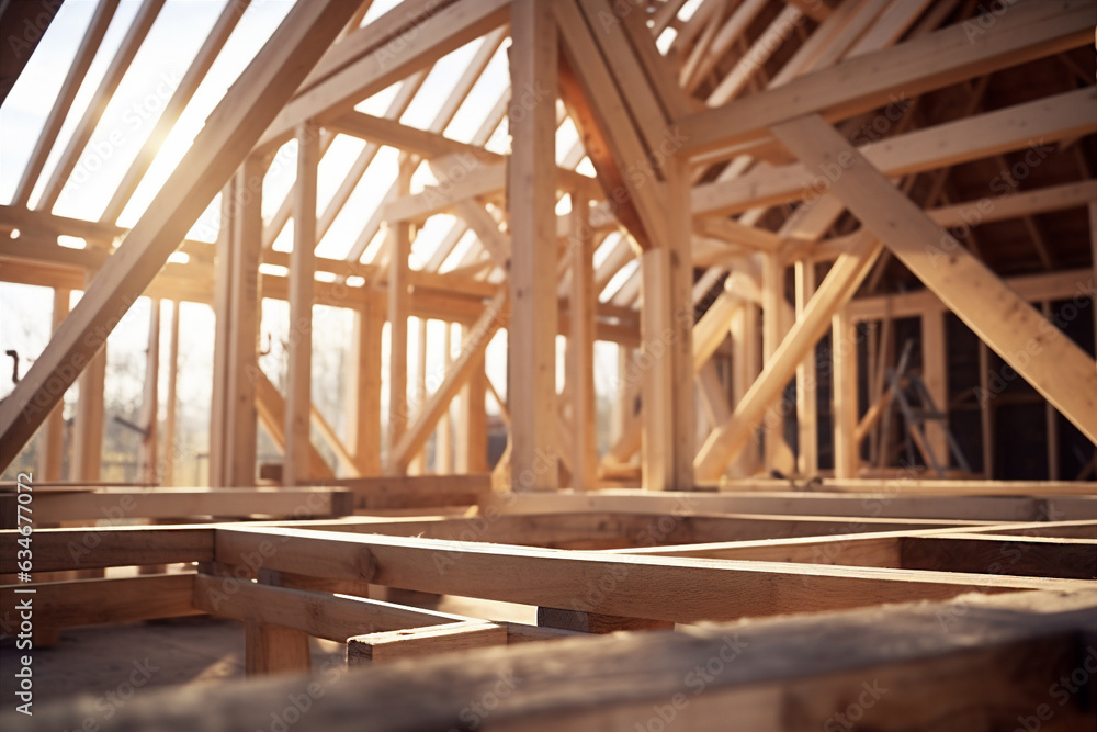 assembly of the wooden frames beams and trusses. Generative AI assembly of the wooden frames beams and trusses. Generative AI