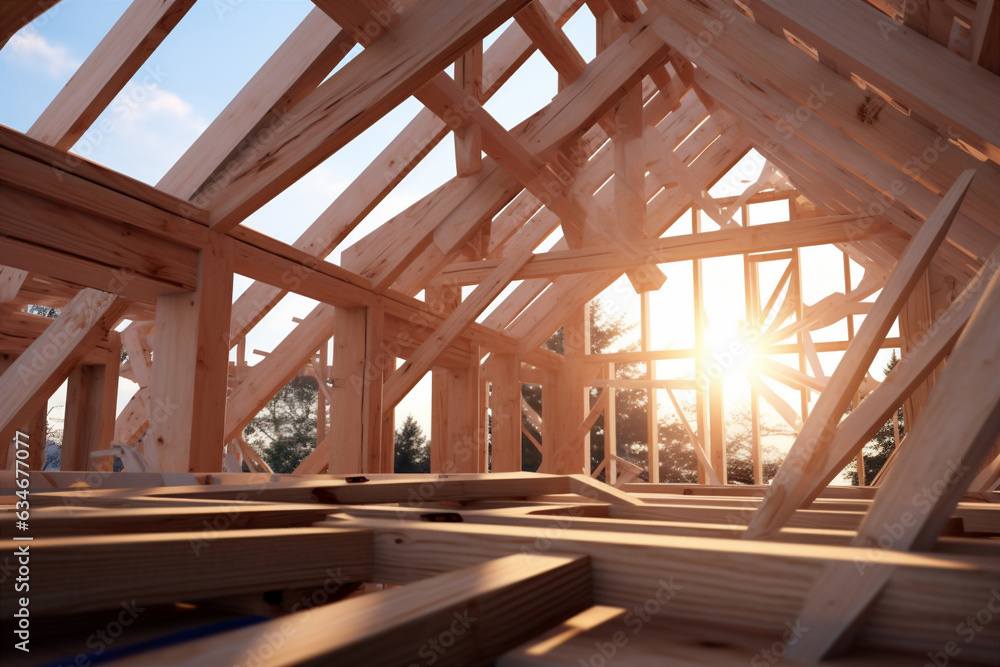 assembly of the wooden frames beams and trusses. Generative AI assembly of the wooden frames beams and trusses. Generative AI