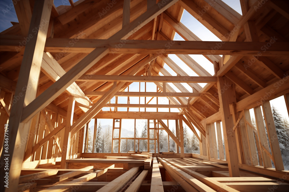 assembly of the wooden frames beams and trusses. Generative AI assembly of the wooden frames beams and trusses. Generative AI