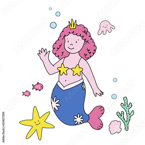Beautiful vector stock illustration with cute hand drawn mermaid. Clip art.