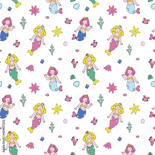 Beautiful vector seamless pattern with cute hand drawn mermaids and sea life.