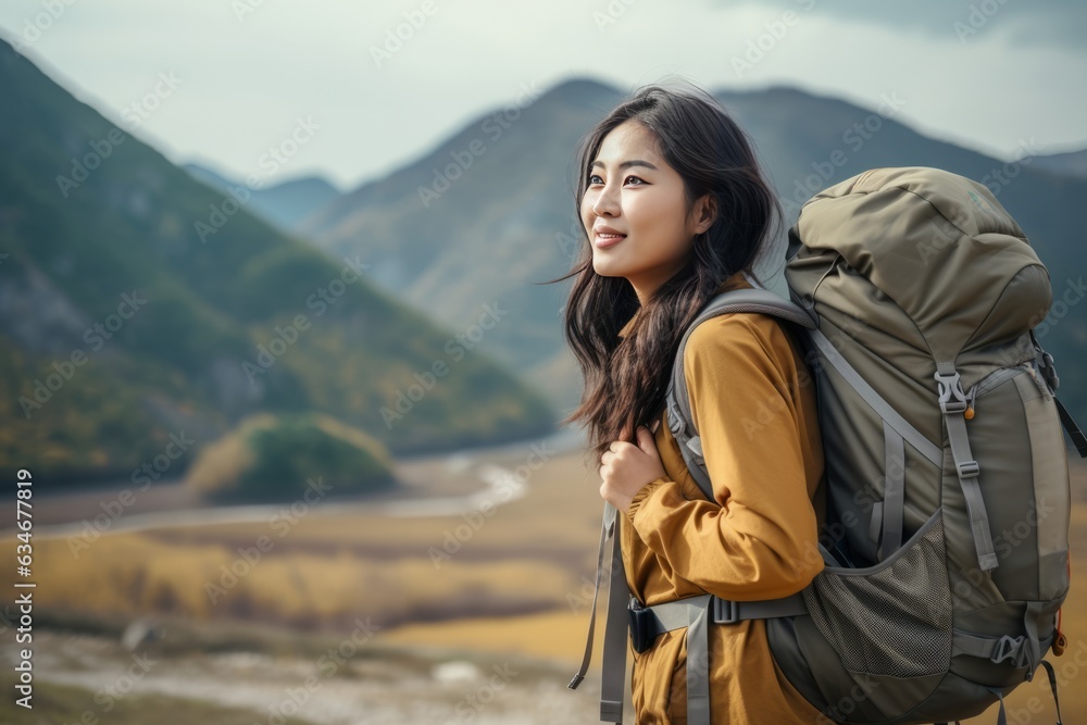 Side view happy young asian traveler woman carrying backpack. Mountains background