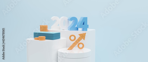 2024 new year with increasing arrow and stack of money as financial saving rising concept on white podium, increasing of interest rates, business profit growth concept, 3d rendering illustration.