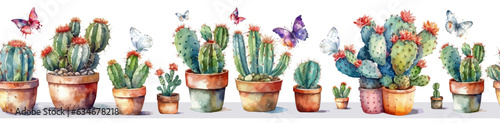 Beautiful watercolor cactus in flower pots seamless pattern. Vector illustration