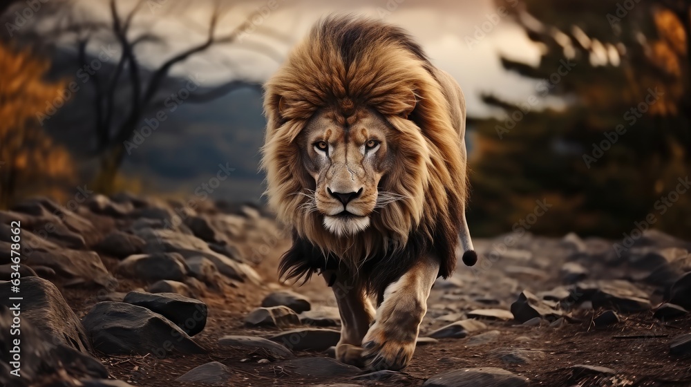 Naklejka premium Lion Known Walking in the Grass at Sunrise.